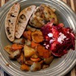 ﻿  Big Meal – Slow-Cooked Chicken, Celeriac-Beet Salad, Roasted Winter Vegetables, and Whole Wheat Ciabatta