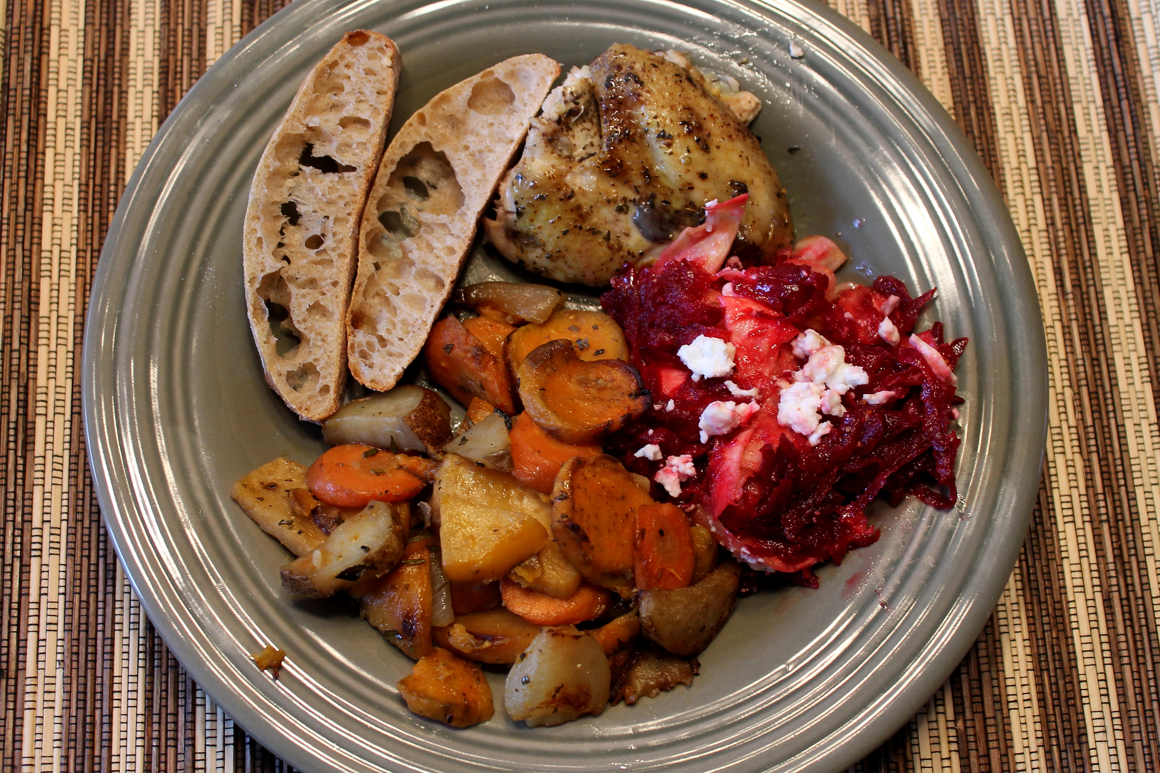Big Meal – Slow-Cooked Chicken, Celeriac-Beet Salad, Roasted Winter Vegetables, and Whole Wheat Ciabatta