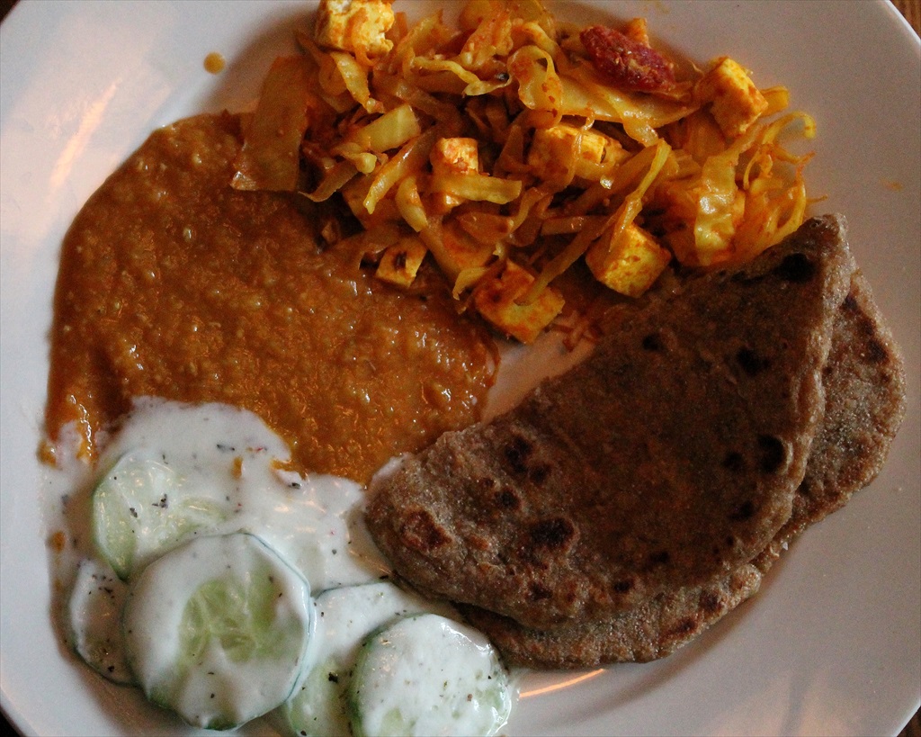 Cabbage Paneer, Radish Parathas, Daal, Cucumbers and Yogurt