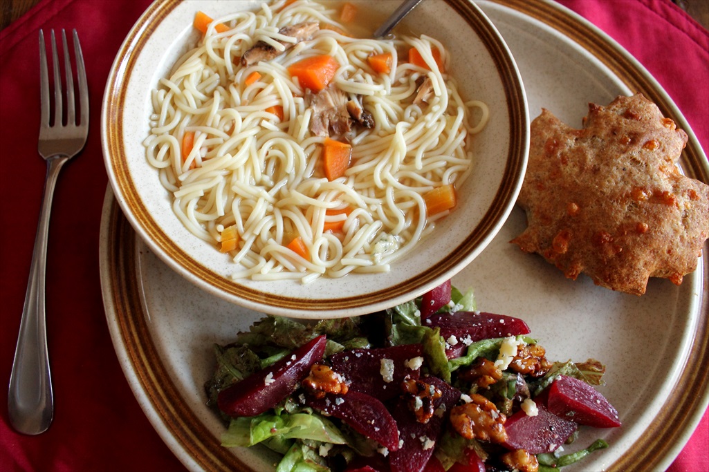 Chicken-Noodle Soup, Biscuits, and Salad