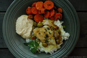 Moroccan Braised Chicken, Carrot Salad, Hummus, Rice, such a treat!